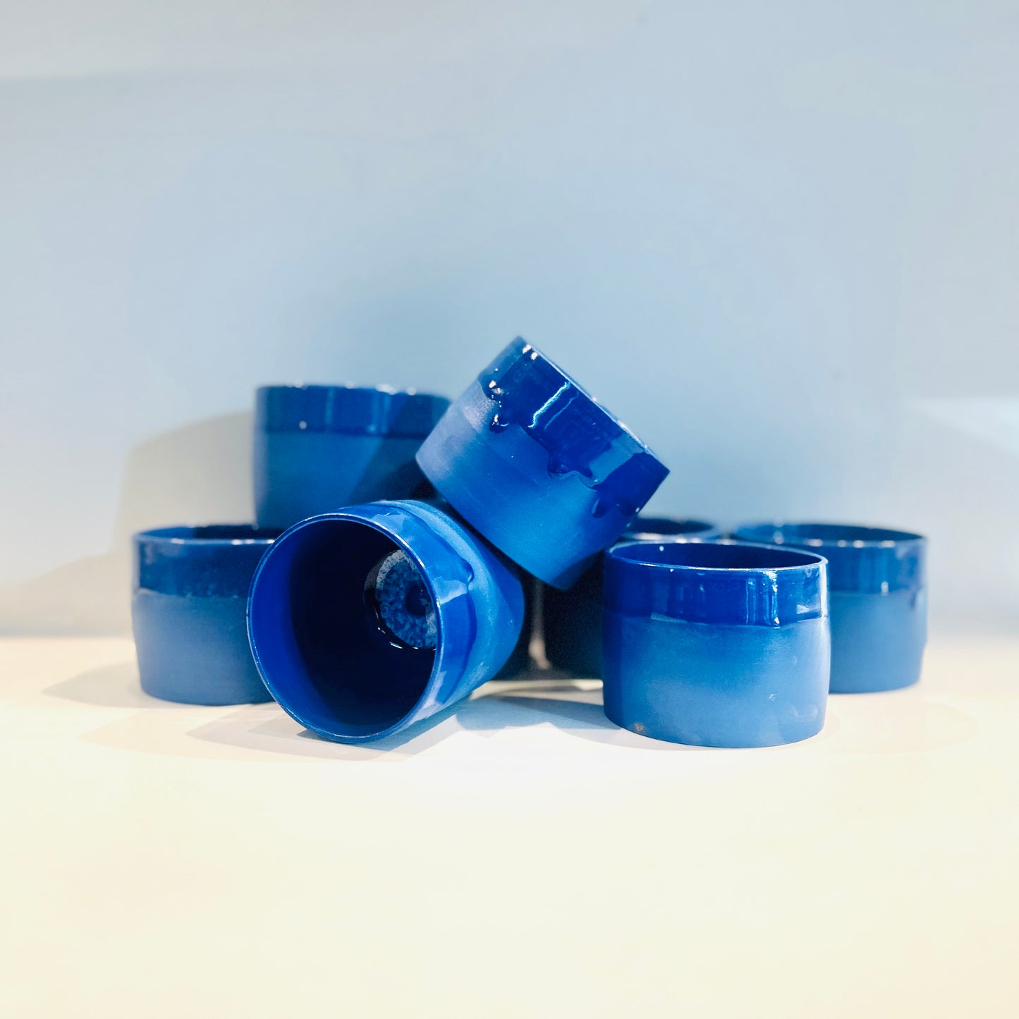 small blue porcelain tumblers